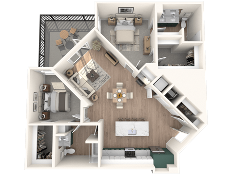 A 3D floor plan of a house showing a kitchen, living room, and two bedrooms.